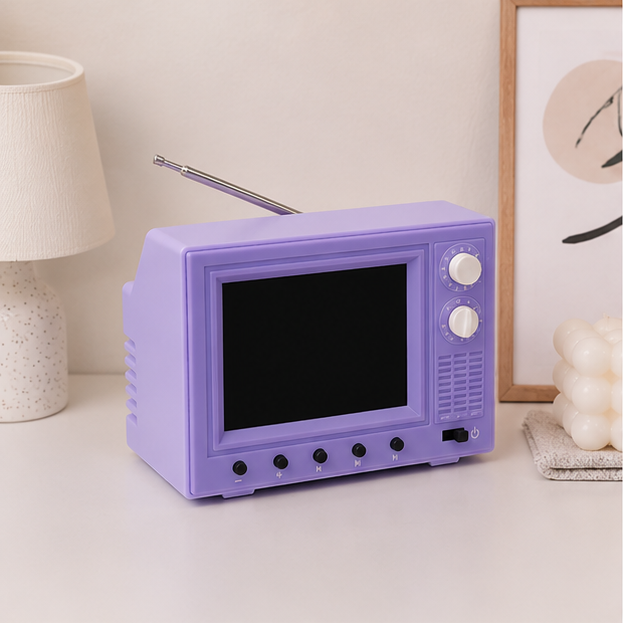 Collage of three miniature retro-style televisions in different colors on wooden surfaces.